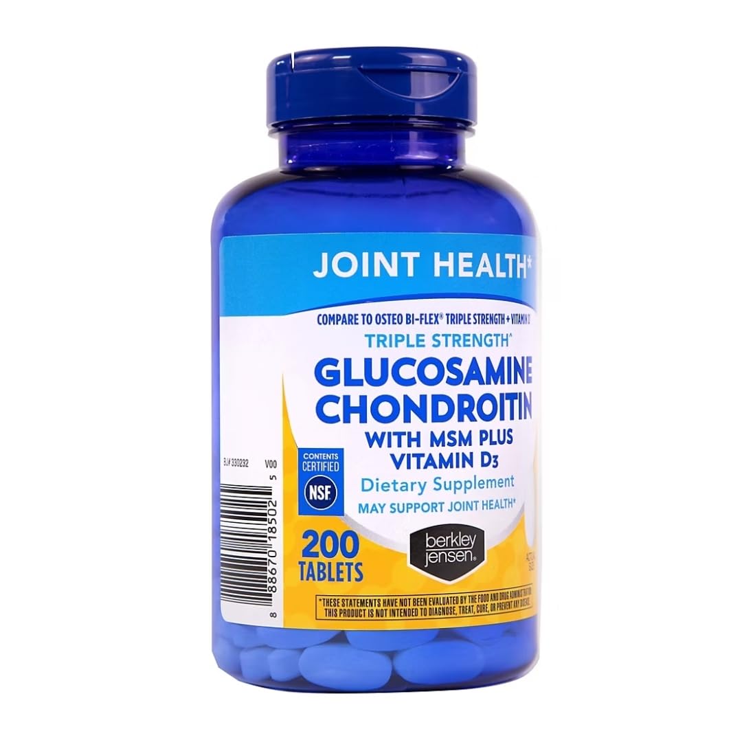 Front view of Berkley Jensen Glucosamine Chondroitin MSM bottle