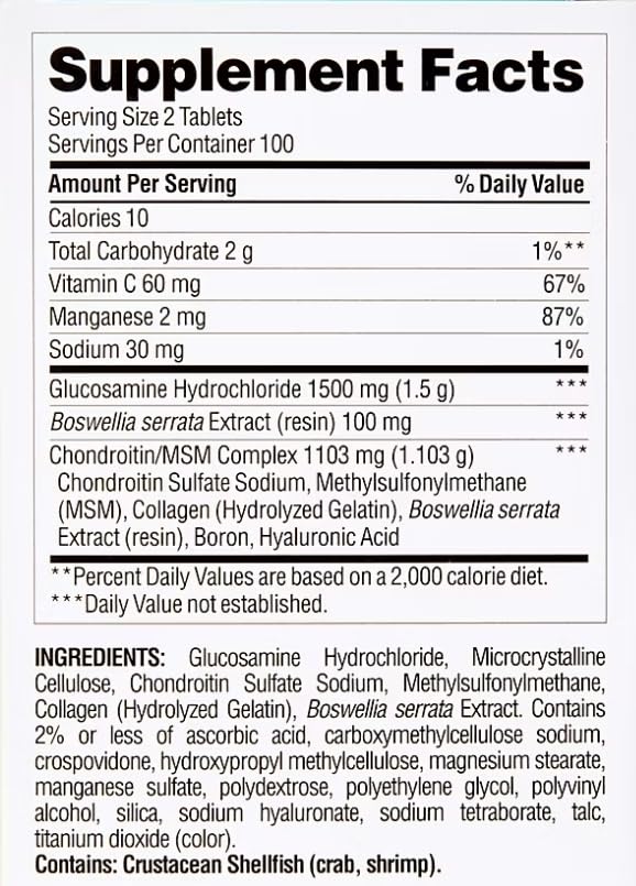 Product label for Berkley Jensen glucosamine chondroitin MSM complex