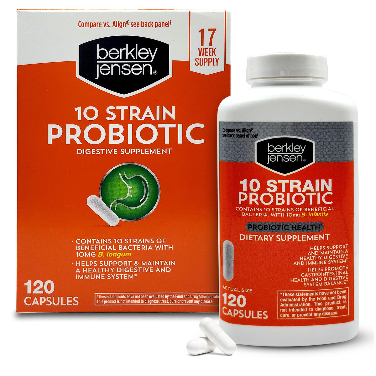 Front view of Berkley Jensen Natural 10-Strain Probiotic Supplement bottle