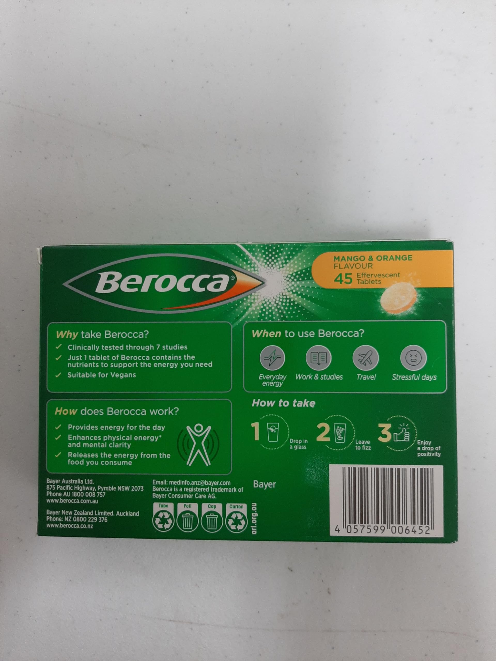 Close-up of Berocca Energy Mango Orange effervescent tablet
