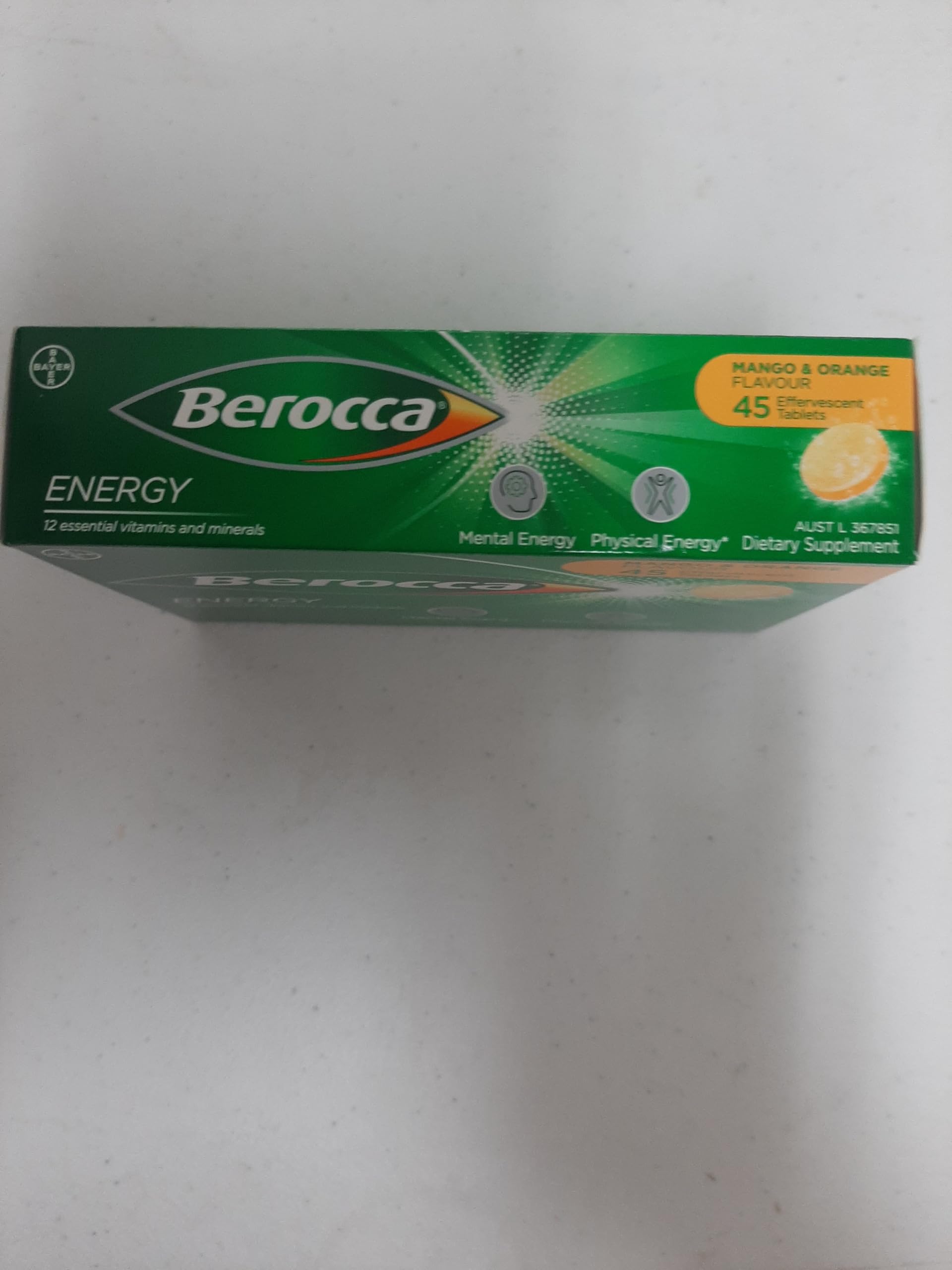 Berocca Energy dissolving tablet in water with mango orange flavour