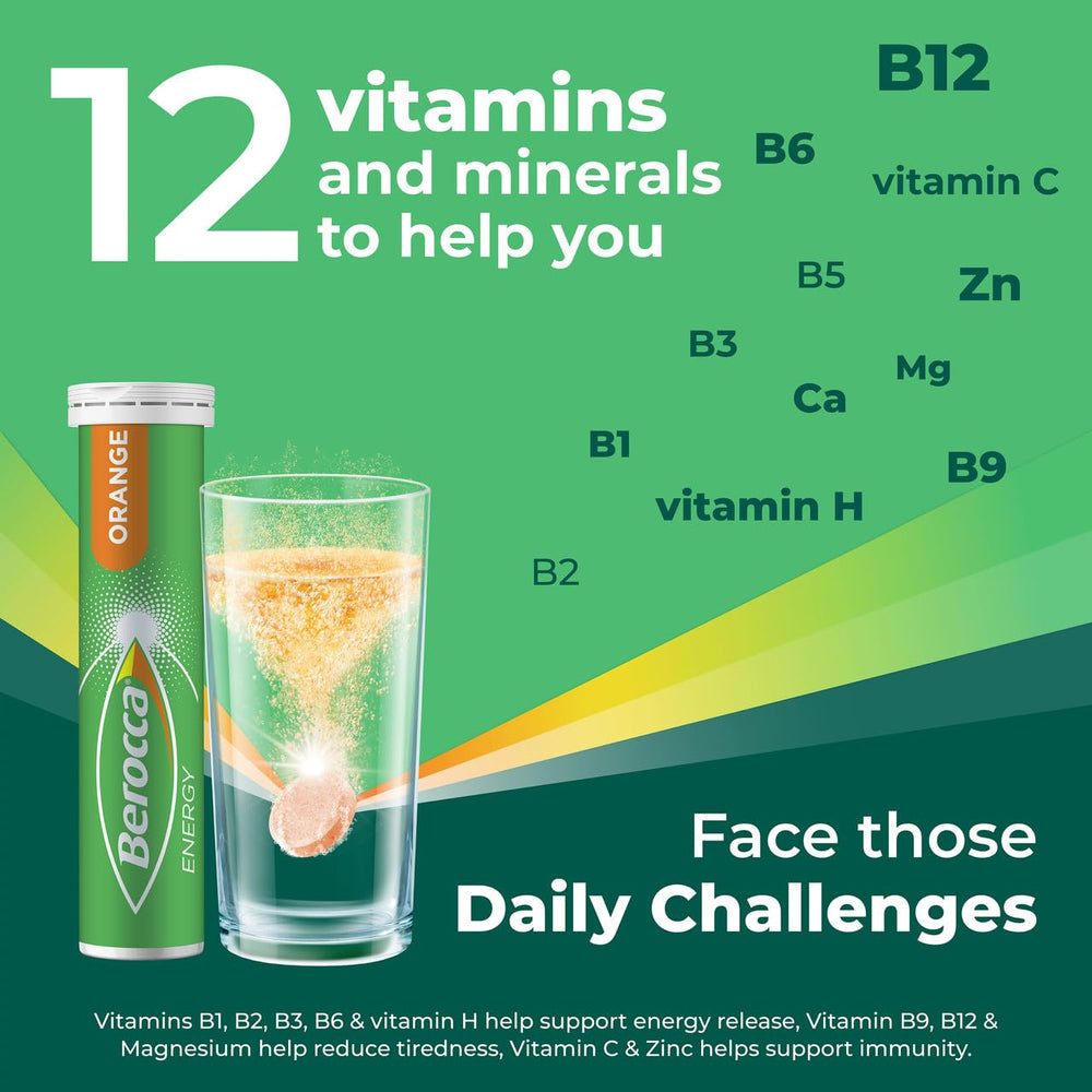 Label showing 12 essential vitamins and minerals in Berocca