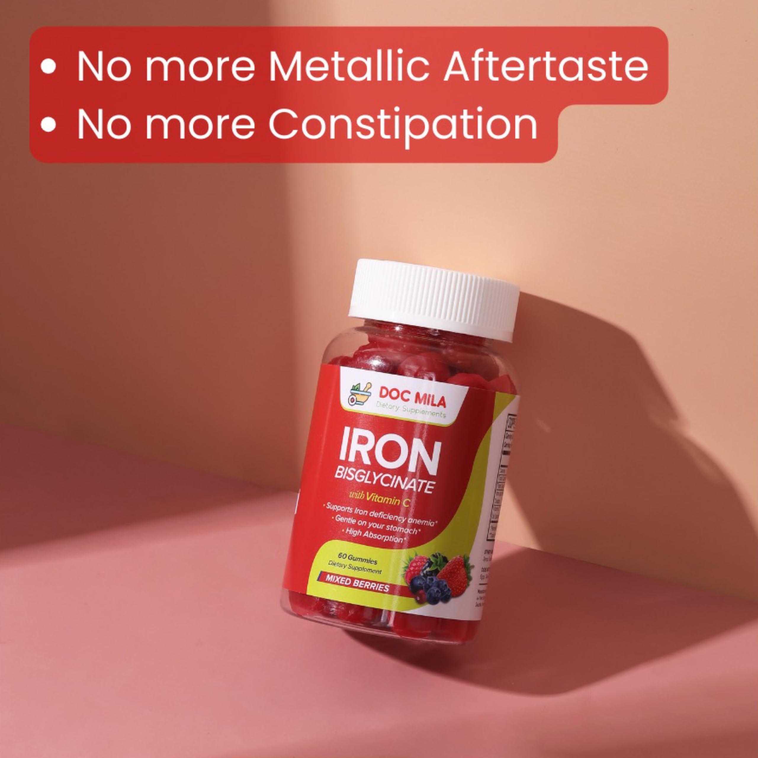 Berry-flavored iron bisglycinate gummies label - 60 servings