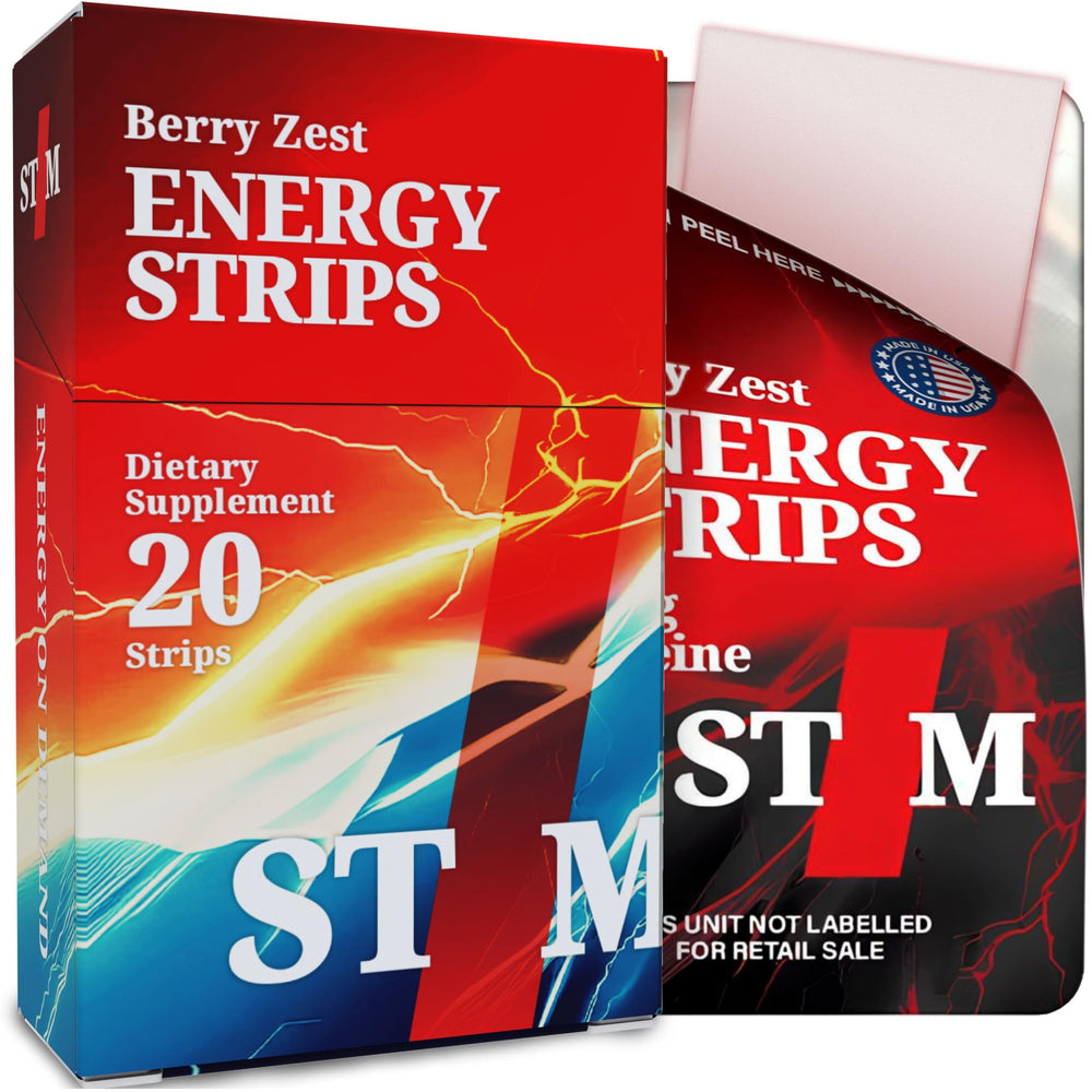 Berry Zest Energy Strips product box and blister packs on white background