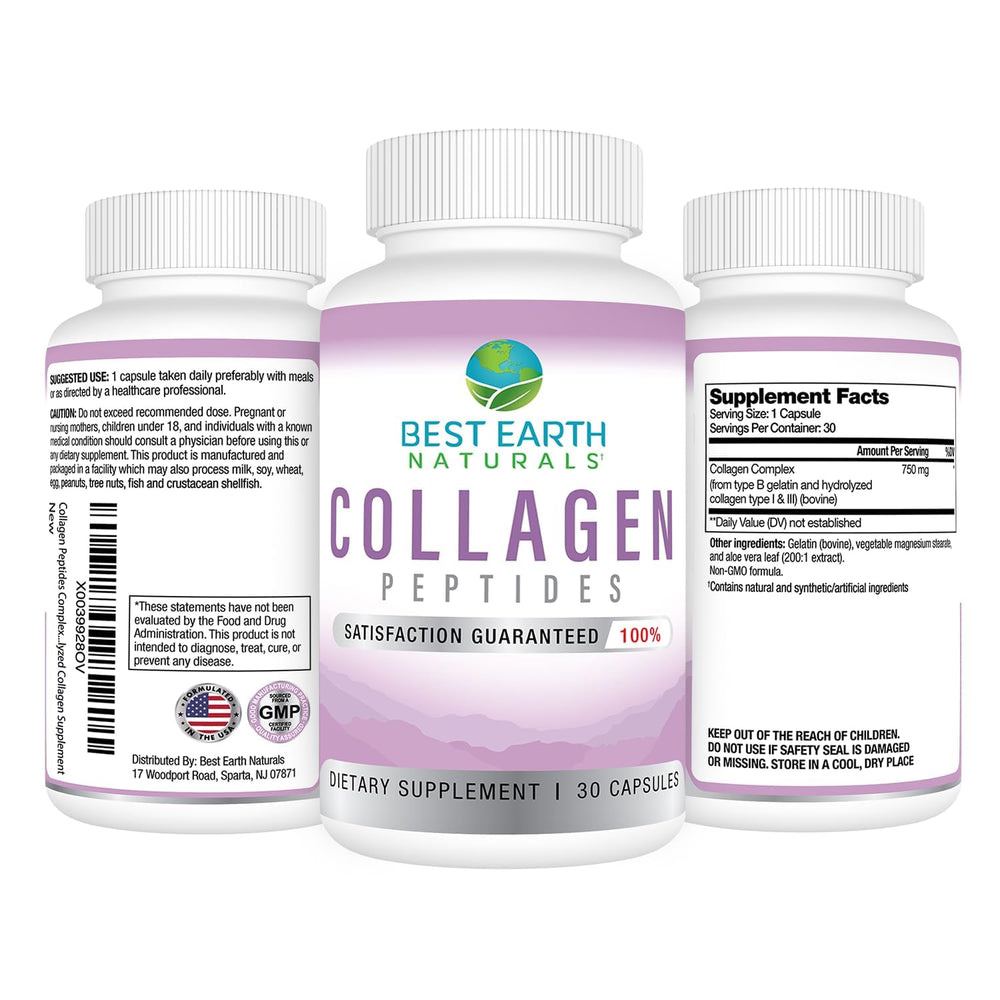 Close-up of Best Earth Naturals collagen bottle with capsules