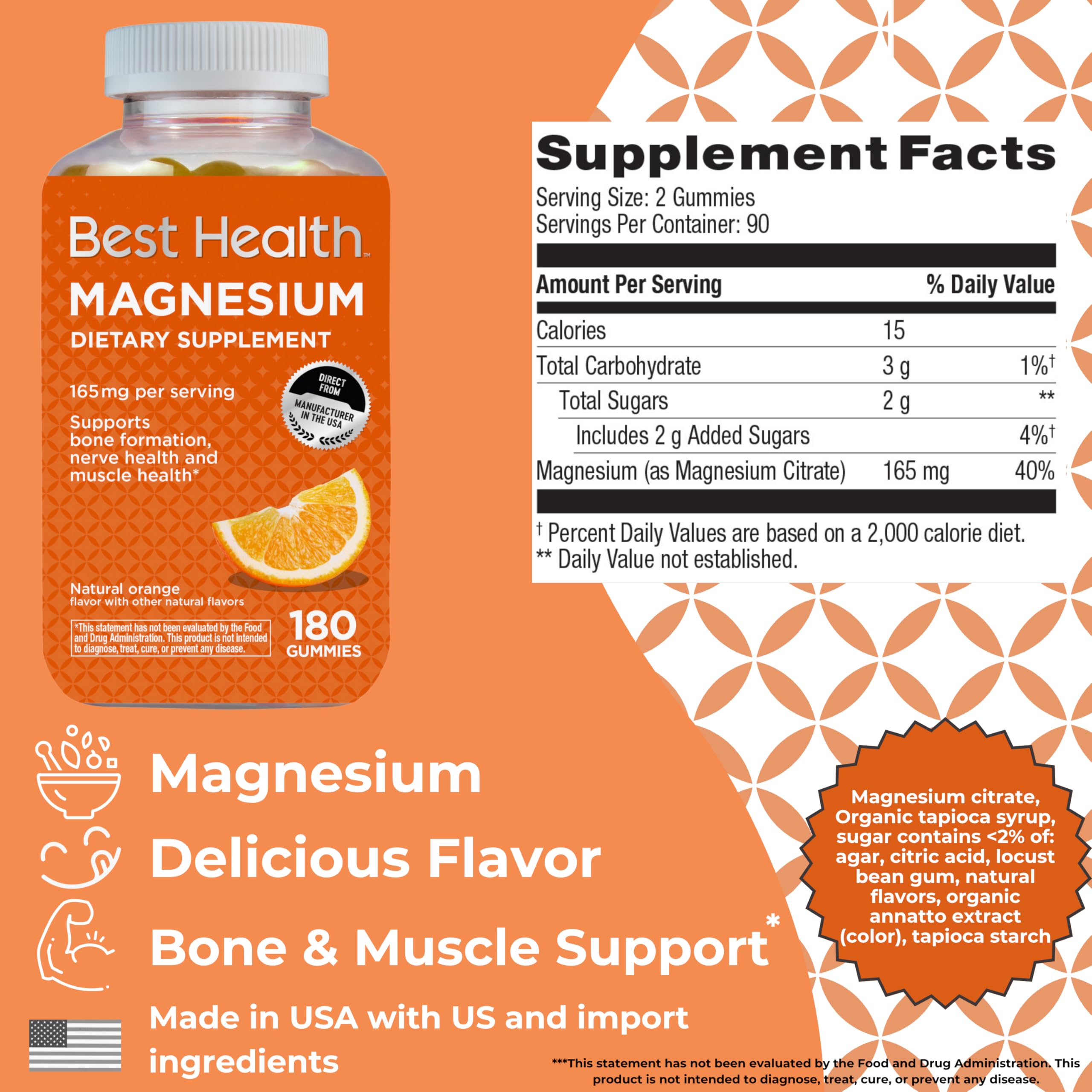 Nutrition label showing 165mg magnesium per 2 gummies