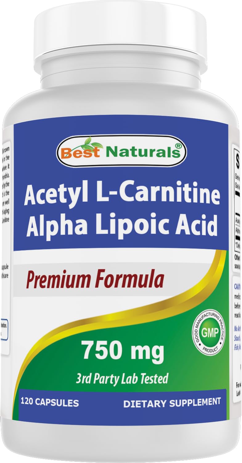 Bottle of Best Naturals Acetyl L-Carnitine and Alpha Lipoic Acid 750 mg 120 capsules
