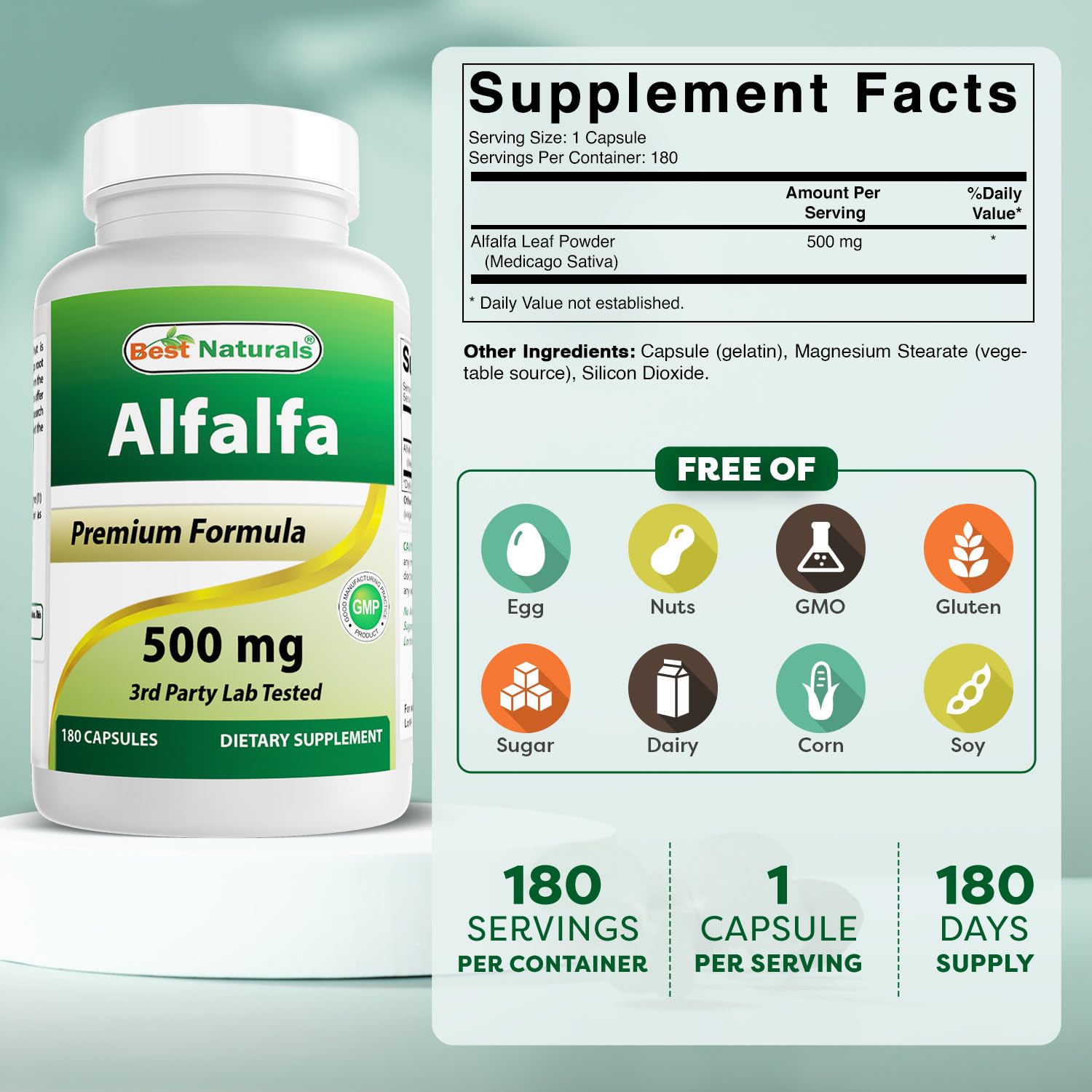 Close-up of 180 capsules per bottle