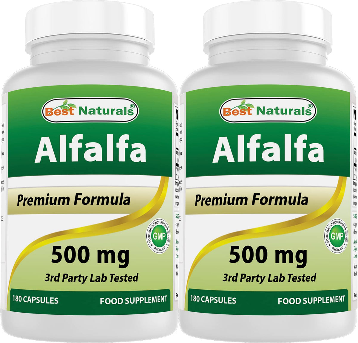 Front view of Best Naturals Alfalfa Green Super Food bottle with 180 capsules, Pack of 2