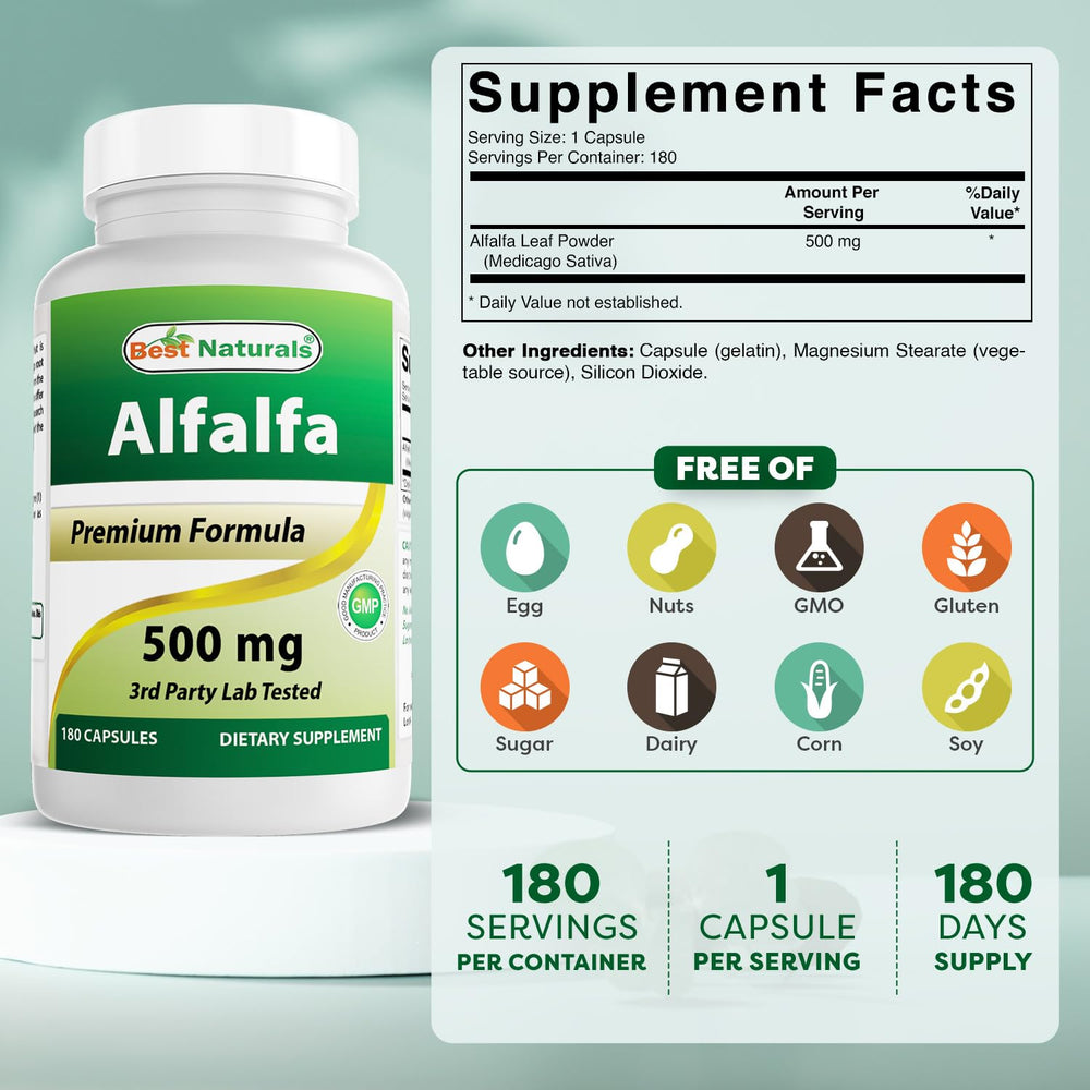 Side view of Best Naturals Alfalfa Green Super Food bottle labeling
