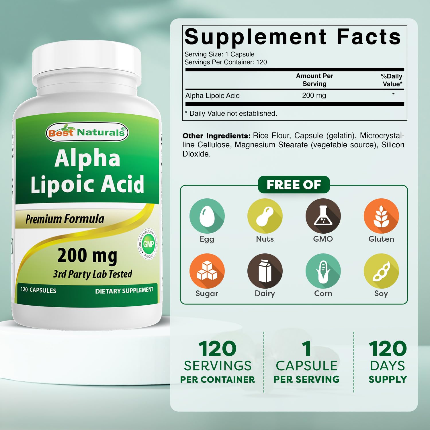 Bottle of Best Naturals Alpha Lipoic Acid 200 mg with label