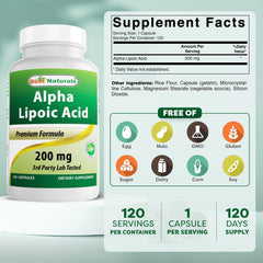 Bottle of Best Naturals Alpha Lipoic Acid 200 mg with label