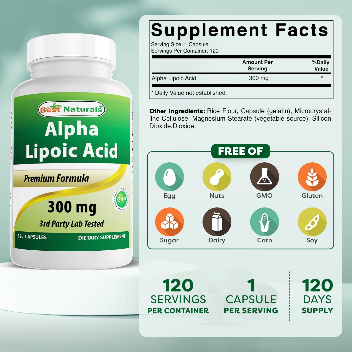 Alpha Lipoic Acid 300 mg capsules in bottle