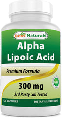 Front view of Best Naturals Alpha Lipoic Acid 300 mg bottle with 120 capsules