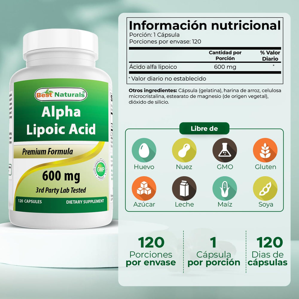 Close-up of Best Naturals Alpha Lipoic Acid 600 mg bottle label