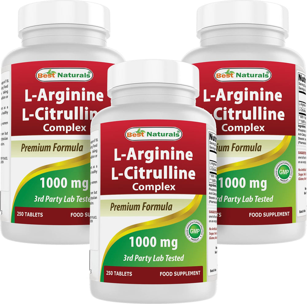 Front view of Best Naturals L-Arginine L-Citrulline 1000 mg bottle with 250 tablets