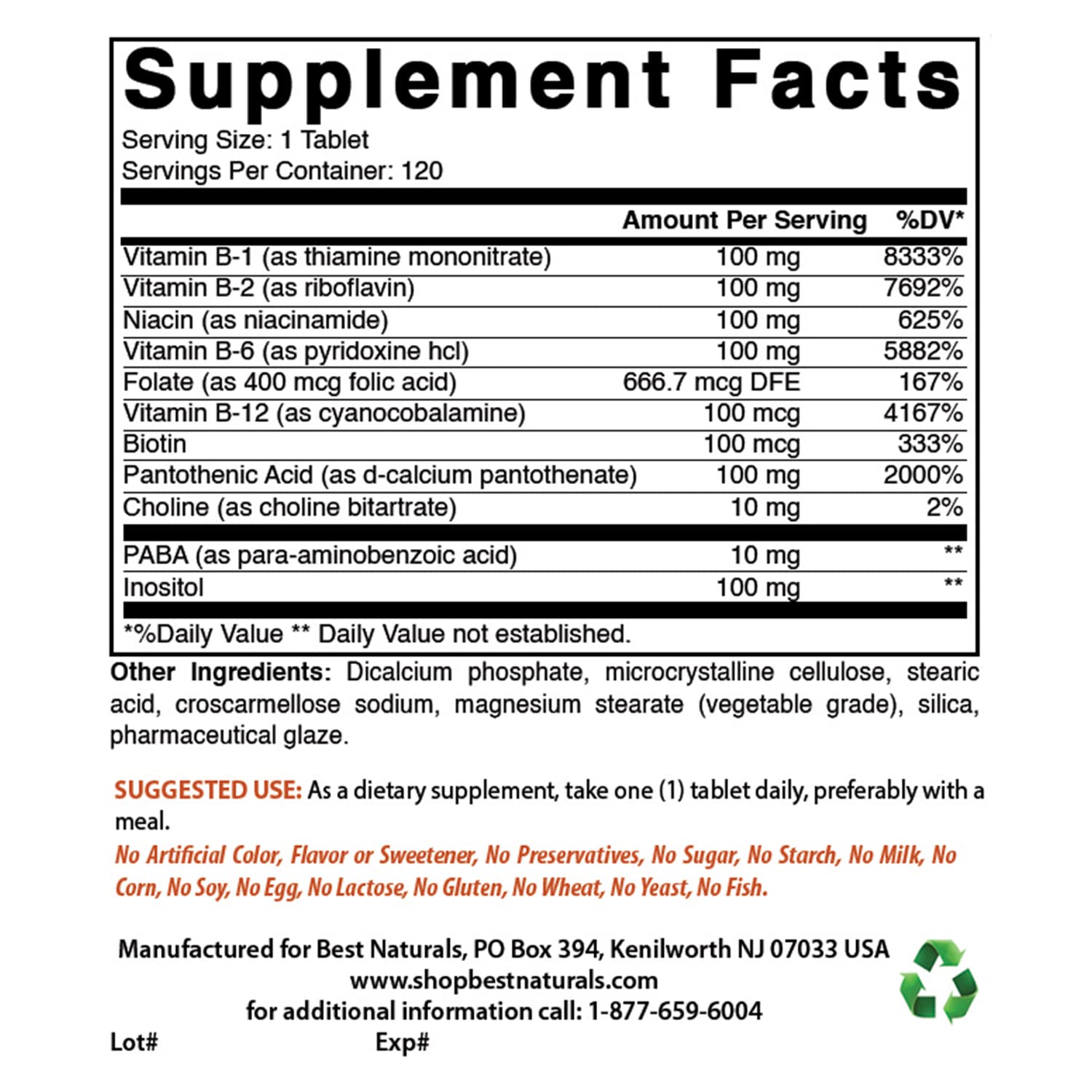 Best Naturals B-100 Complex bottle back label showing supplement facts