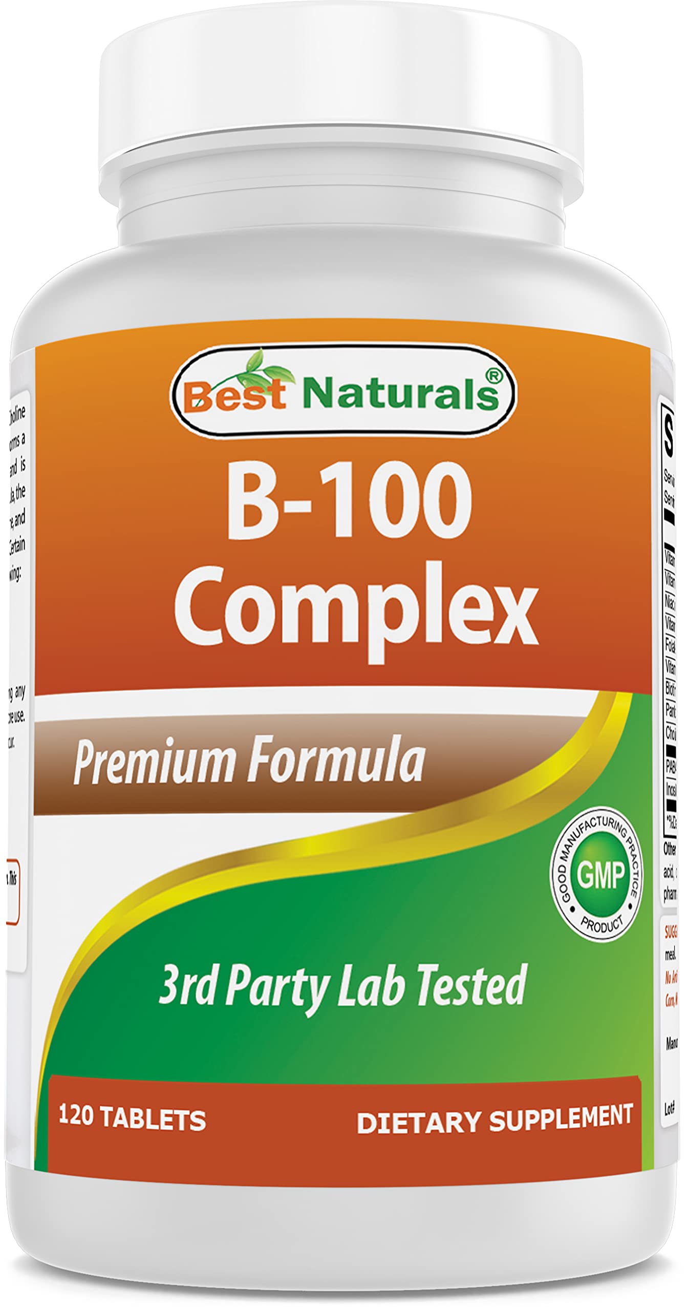 Front view of Best Naturals B-100 Complex bottle with 120 tablets.