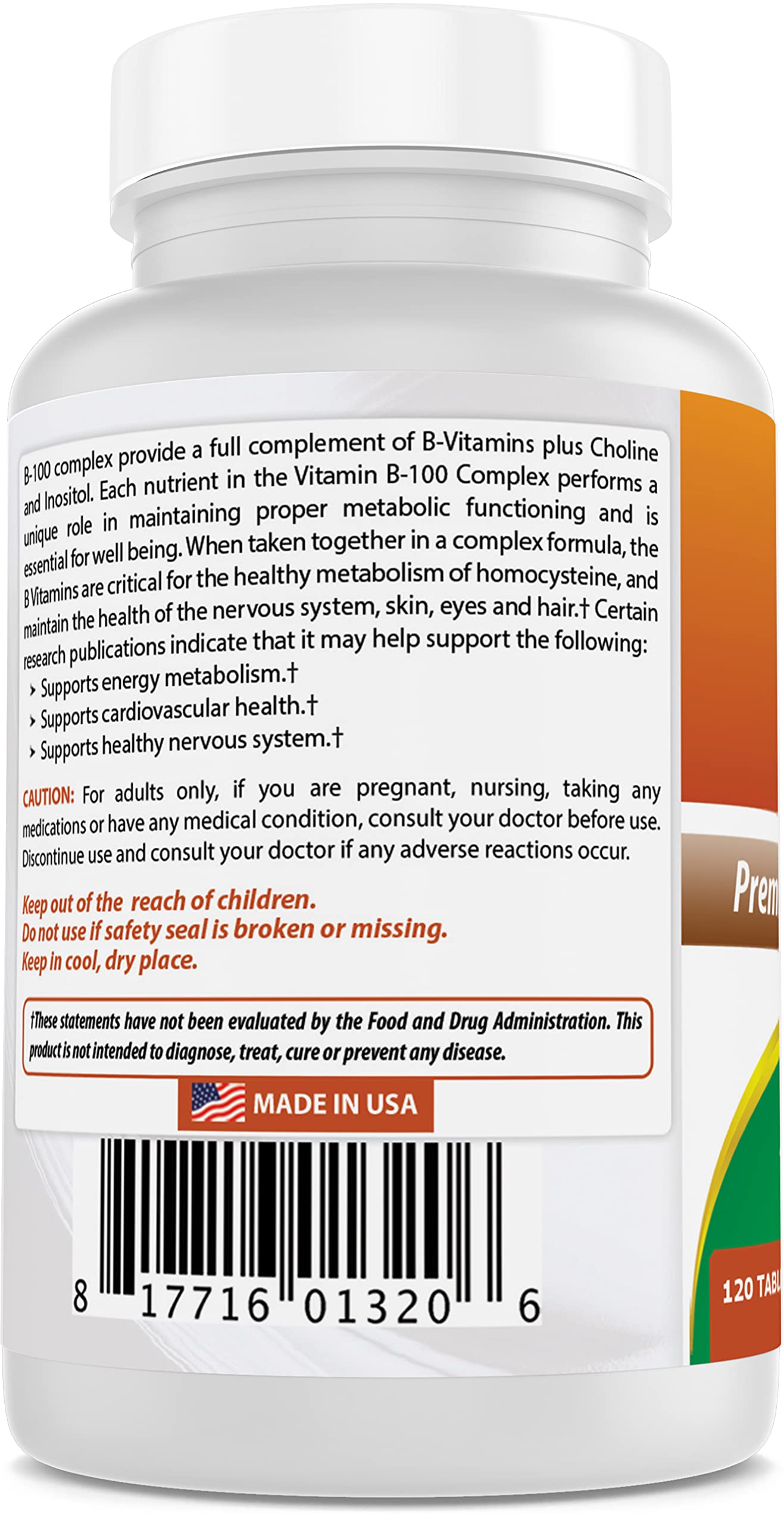 Supplement facts and B vitamin details for Best Naturals B-100 Complex.