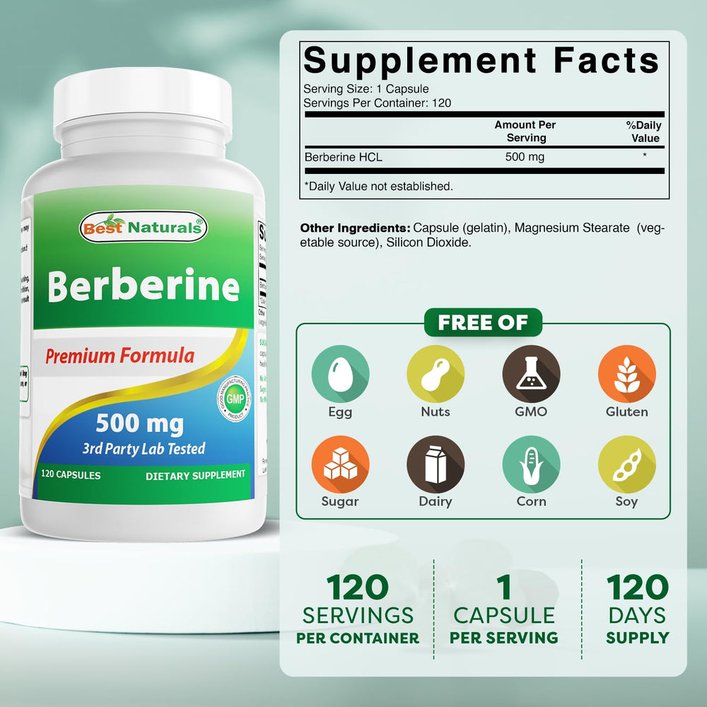 Front view of Best Naturals Berberine bottle with 120 capsules