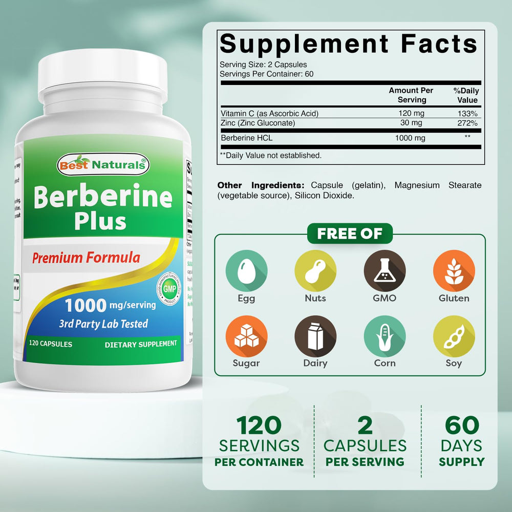 Close-up of Best Naturals Berberine Plus label showing 1000 mg per serving