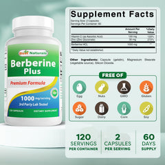 Close-up of Best Naturals Berberine Plus label showing 1000 mg per serving