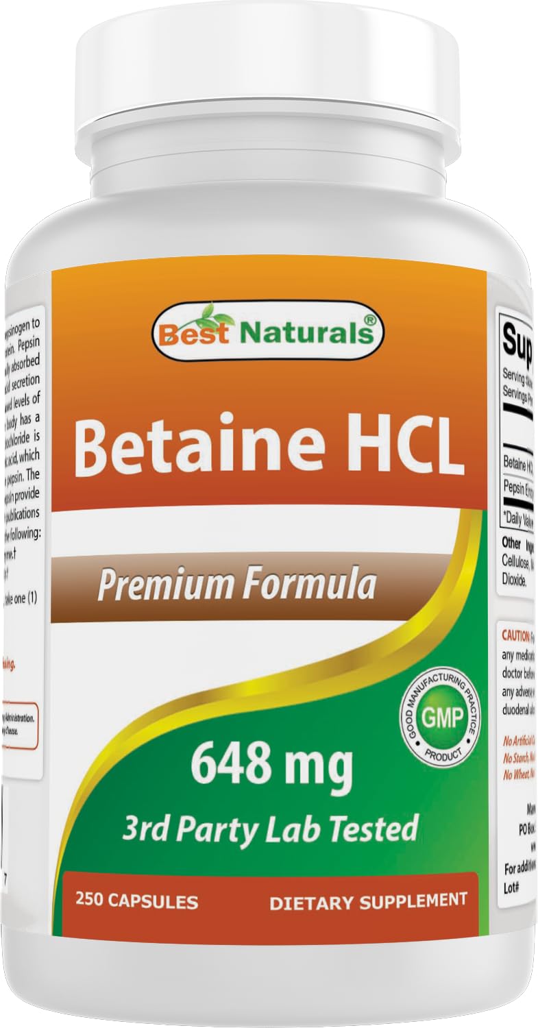 Bottle of Best Naturals Betaine HCL 648 mg 250 capsules