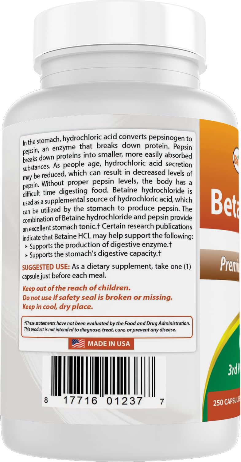 Supplement facts and ingredients for Best Naturals Betaine HCL