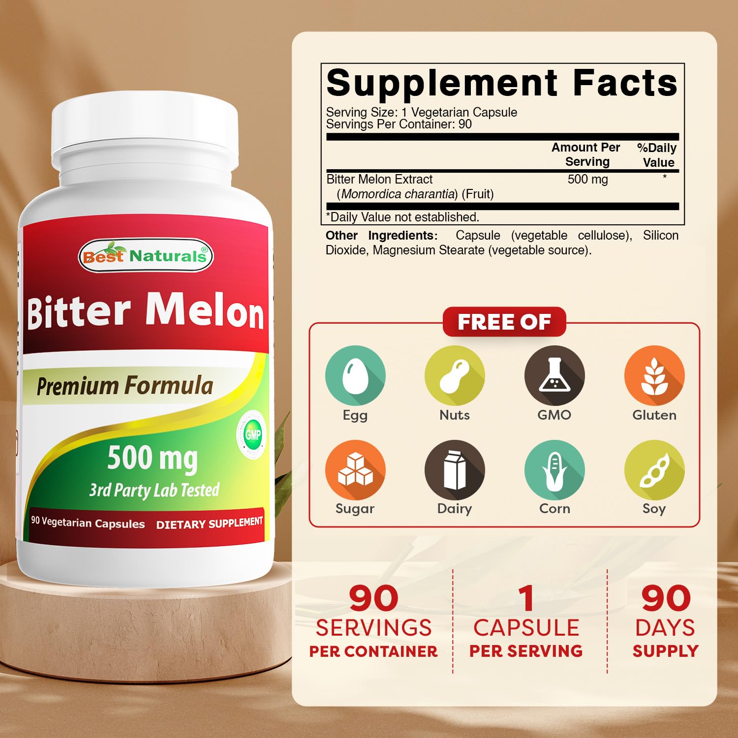 Bottles of Best Naturals Bitter Melon 500 mg 90 Vcaps Pack of 3