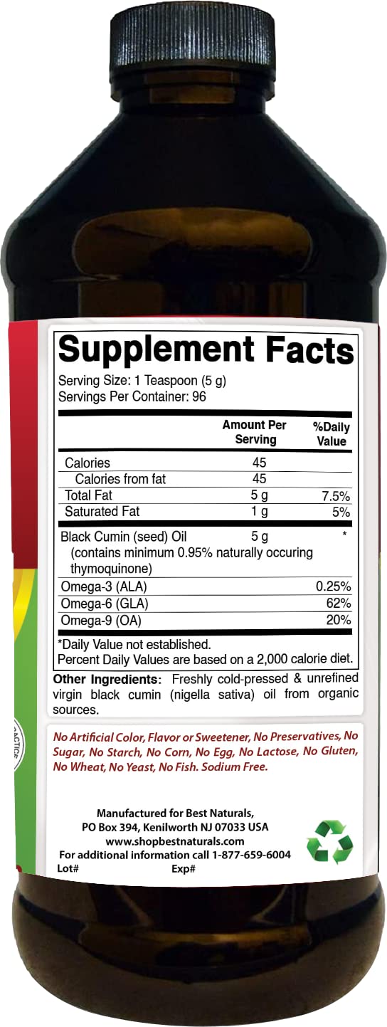 Label of Best Naturals Black Seed Oil showing 0.95% Thymoquinone (TQ) and USA packaging