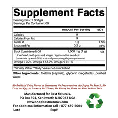 Close-up of Best Naturals Black Seed Oil bottle label showing 1000 mg and 60 softgels