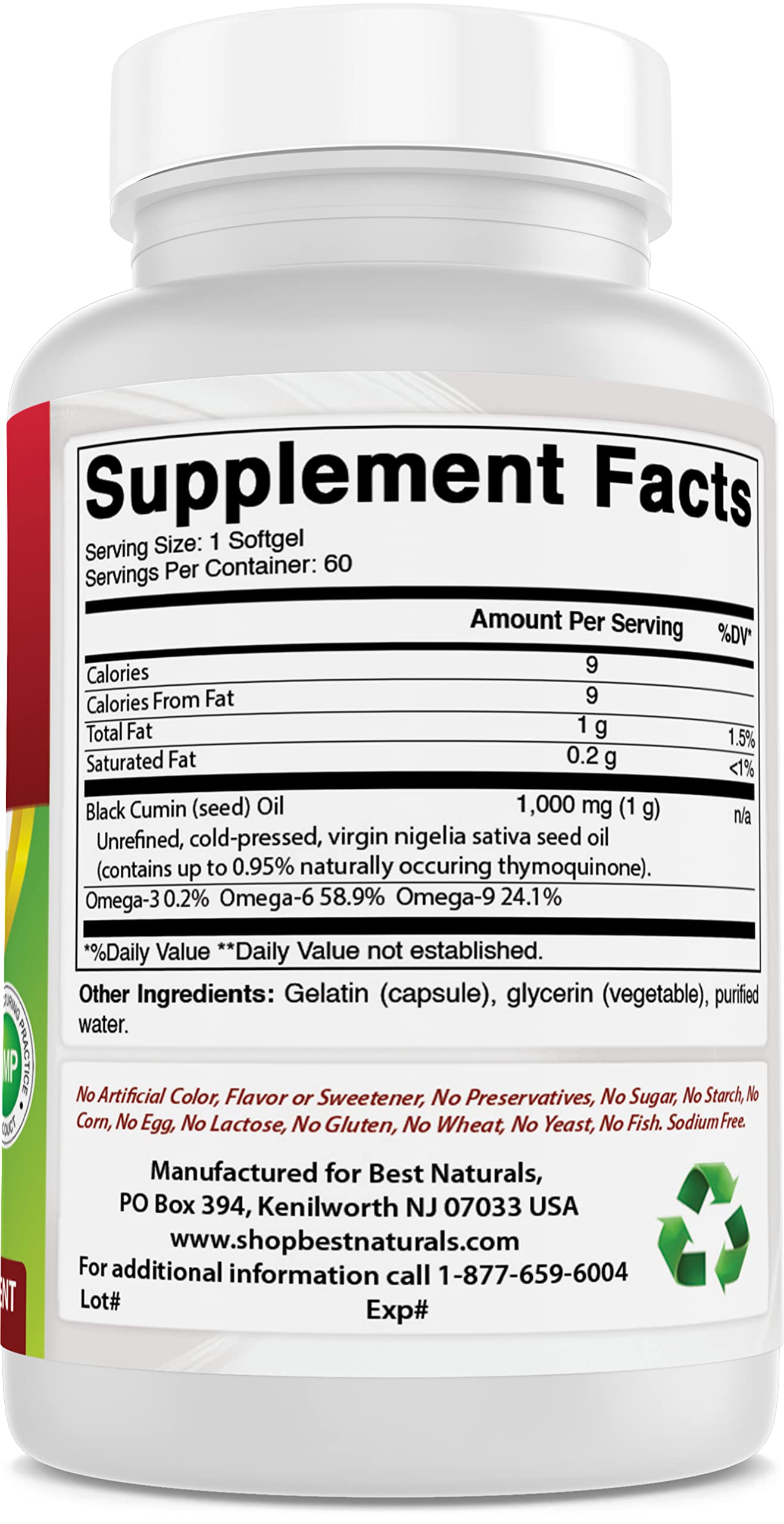 Black Seed Oil softgels spilling next to a dark bottle