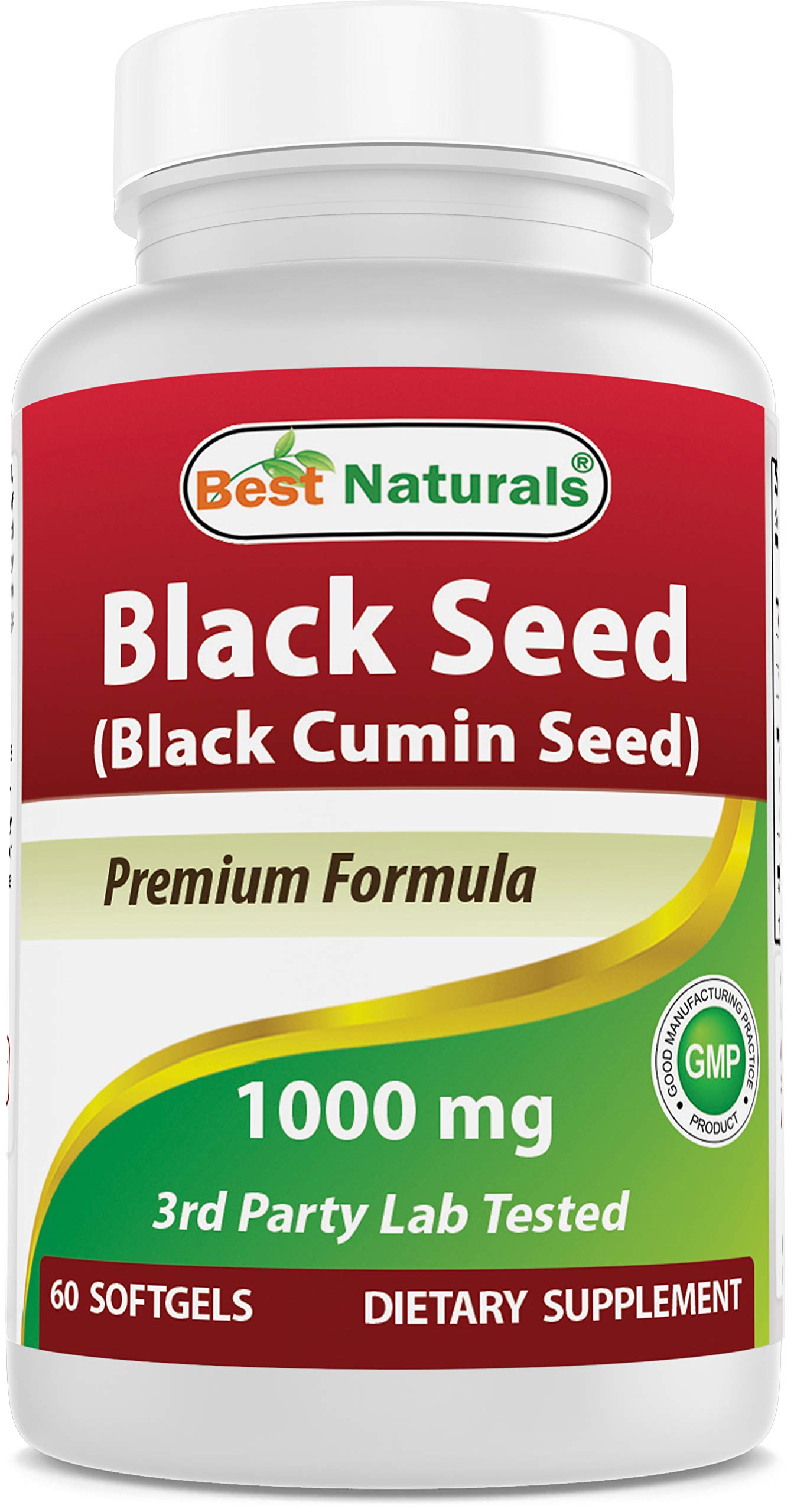 Non-GMO and gluten-free icons with Best Naturals Black Seed Oil packaging