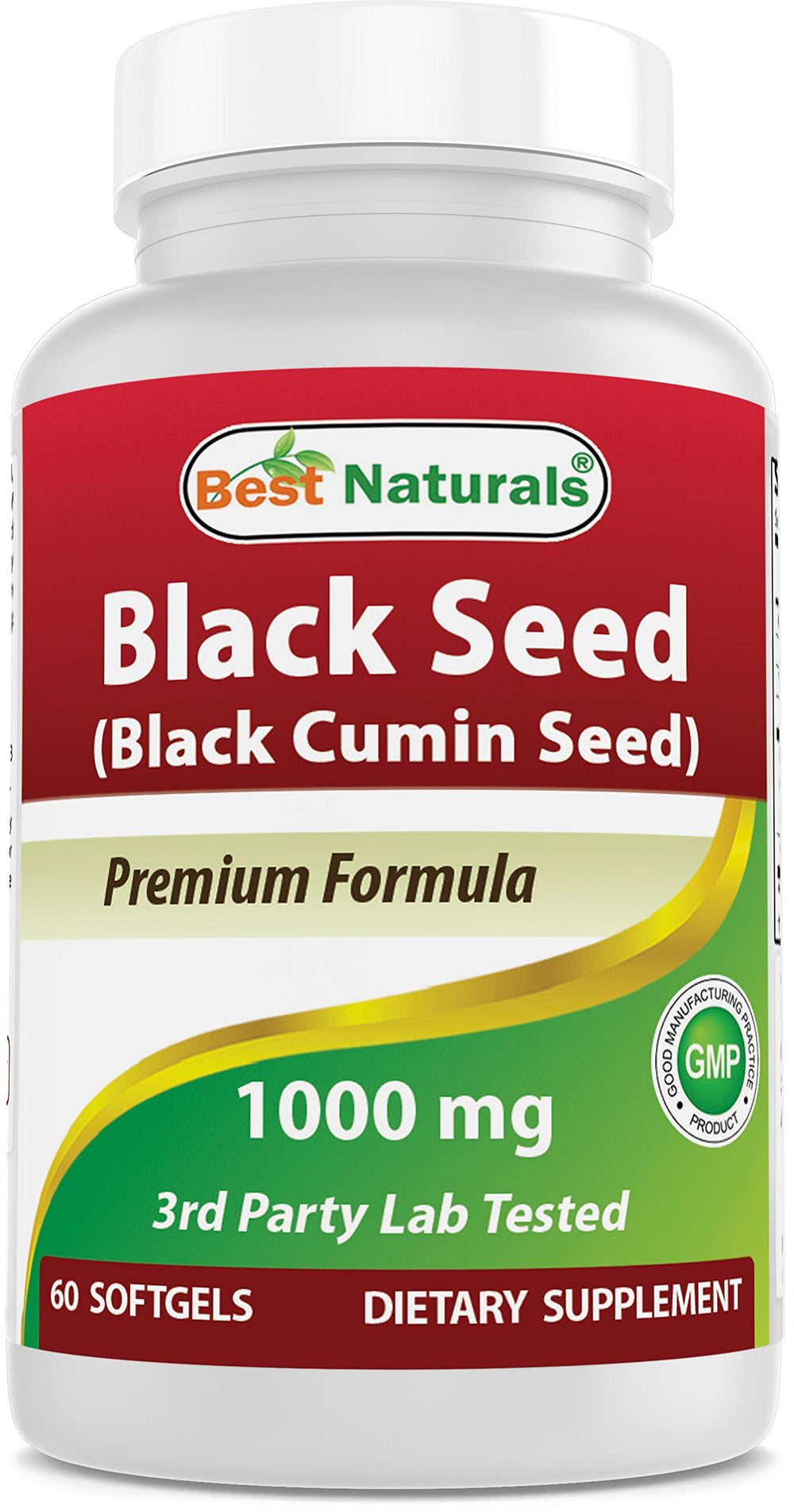 Non-GMO and gluten-free icons with Best Naturals Black Seed Oil packaging