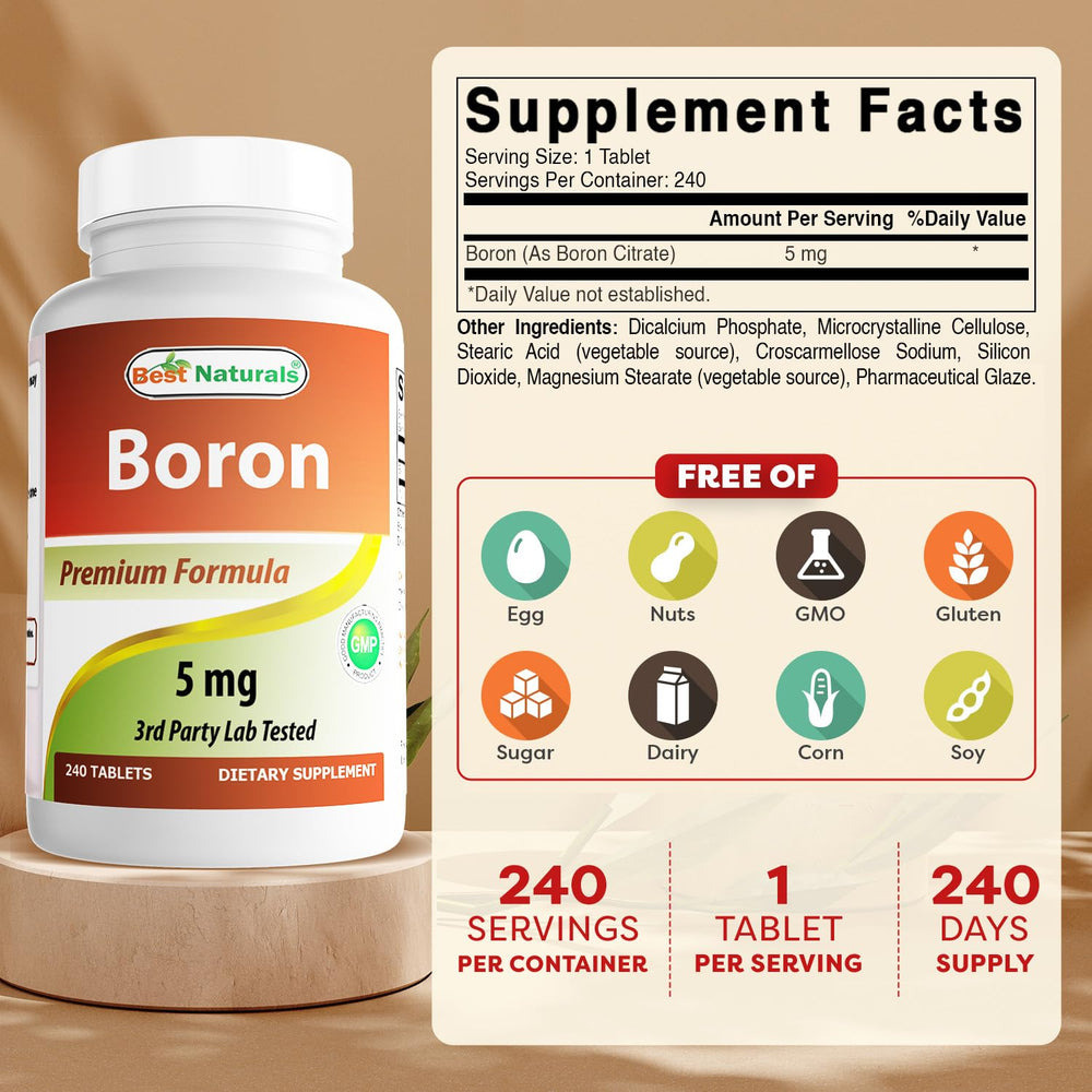 Close-up of the 5 mg boron per tablet label