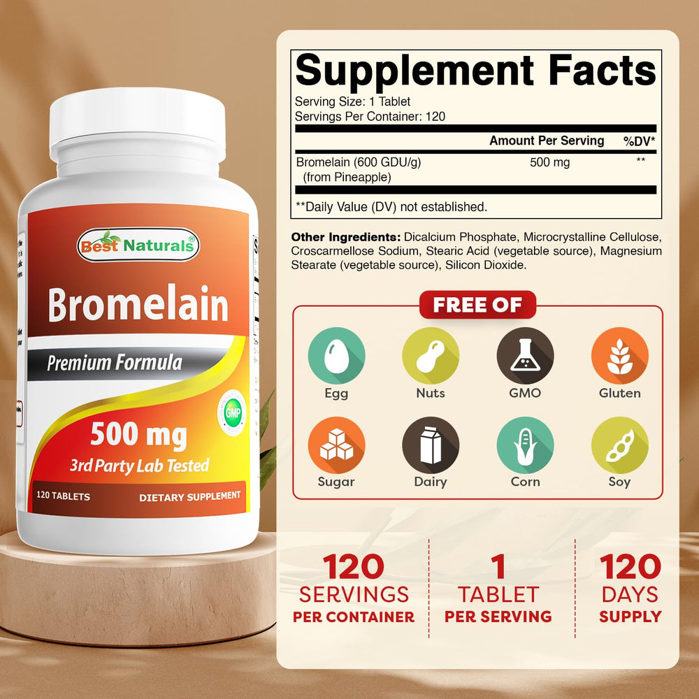 Close-up of Best Naturals Bromelain 500mg bottle label