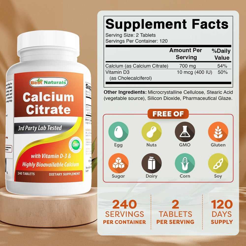 Back label with supplement facts for Best Naturals Calcium Citrate with Vitamin D-3 Pack of 2