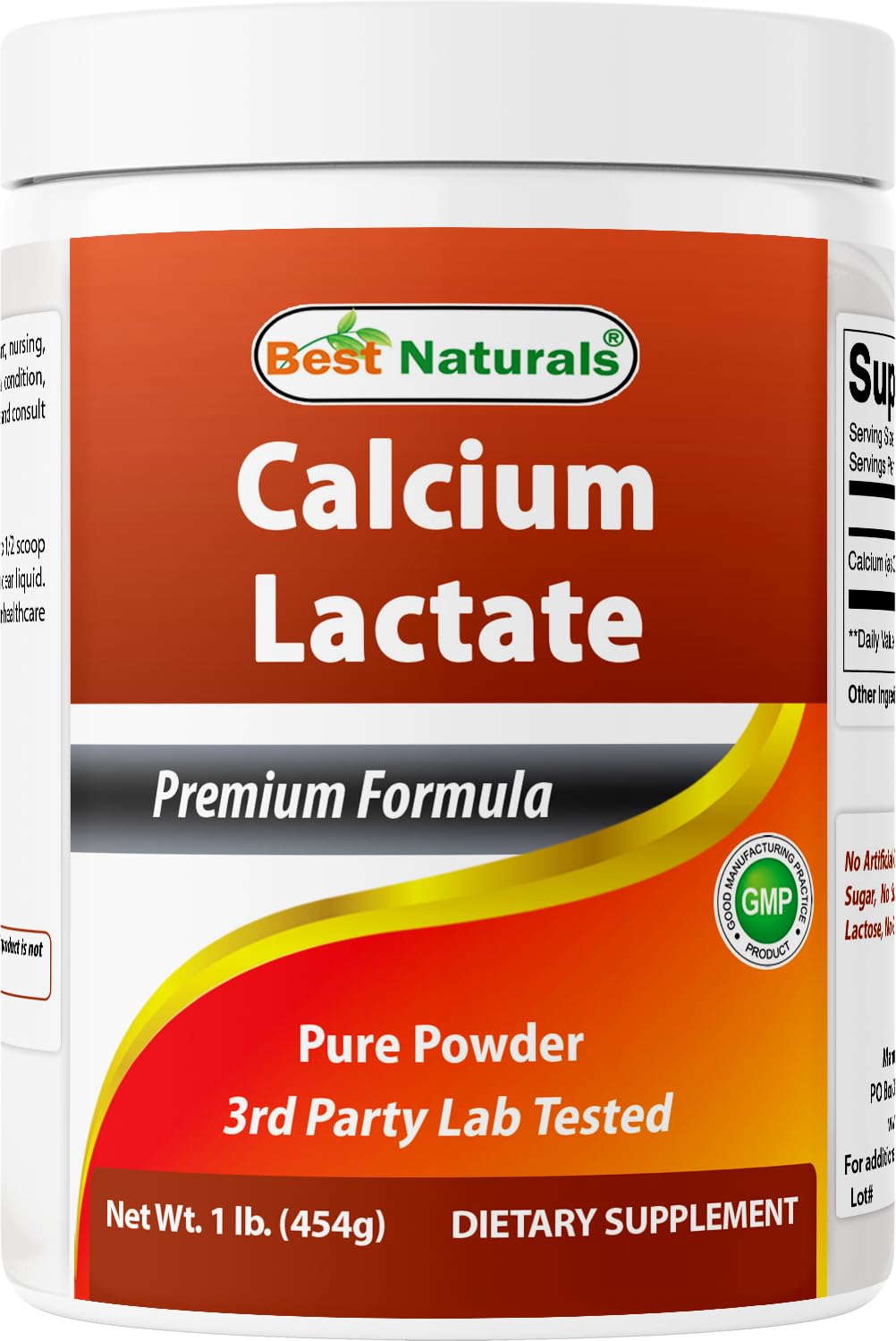 Front view of Best Naturals Calcium Lactate Pure Powder 1 Pound container
