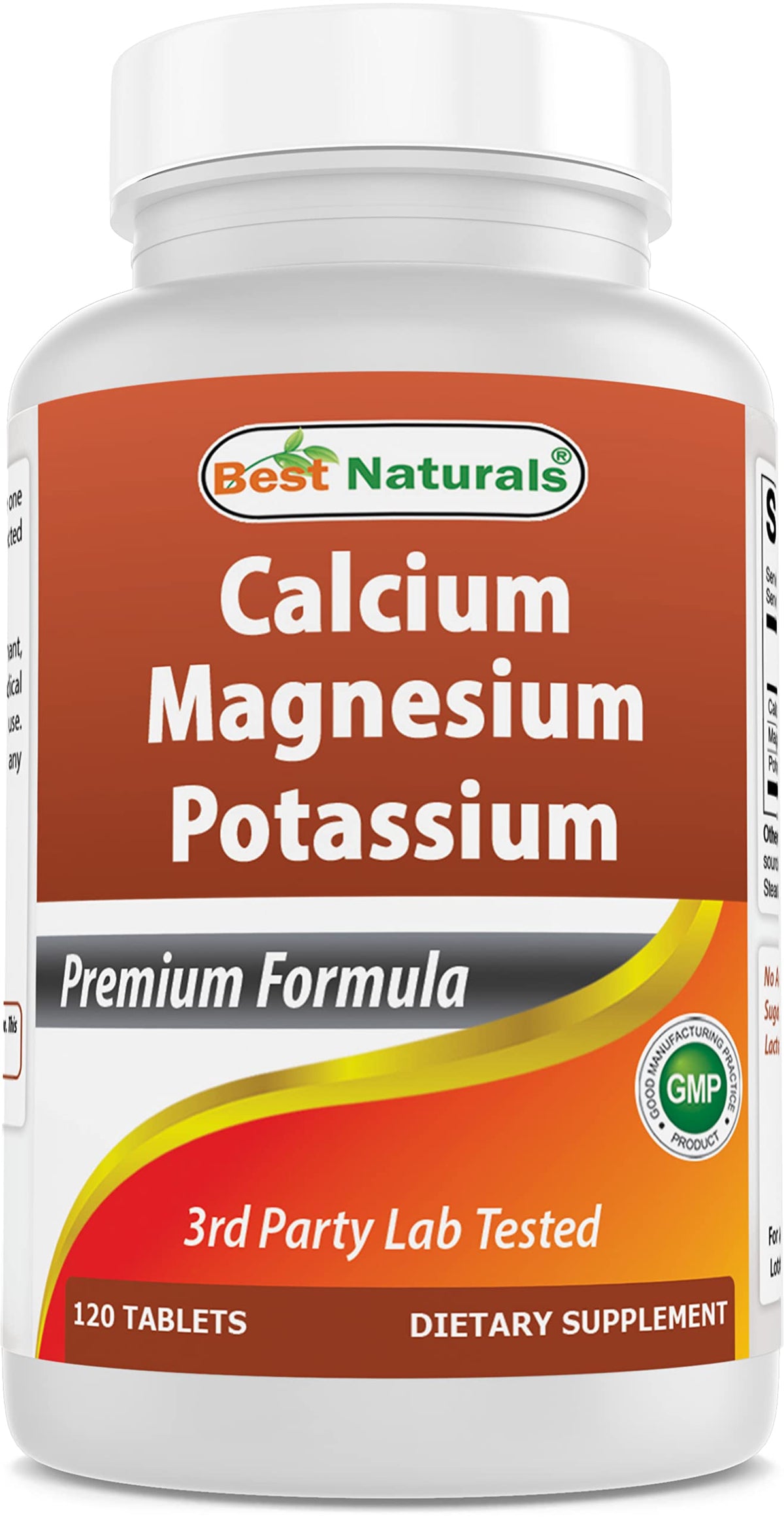Bottle of Best Naturals Calcium Magnesium Potassium 120 tablets with label