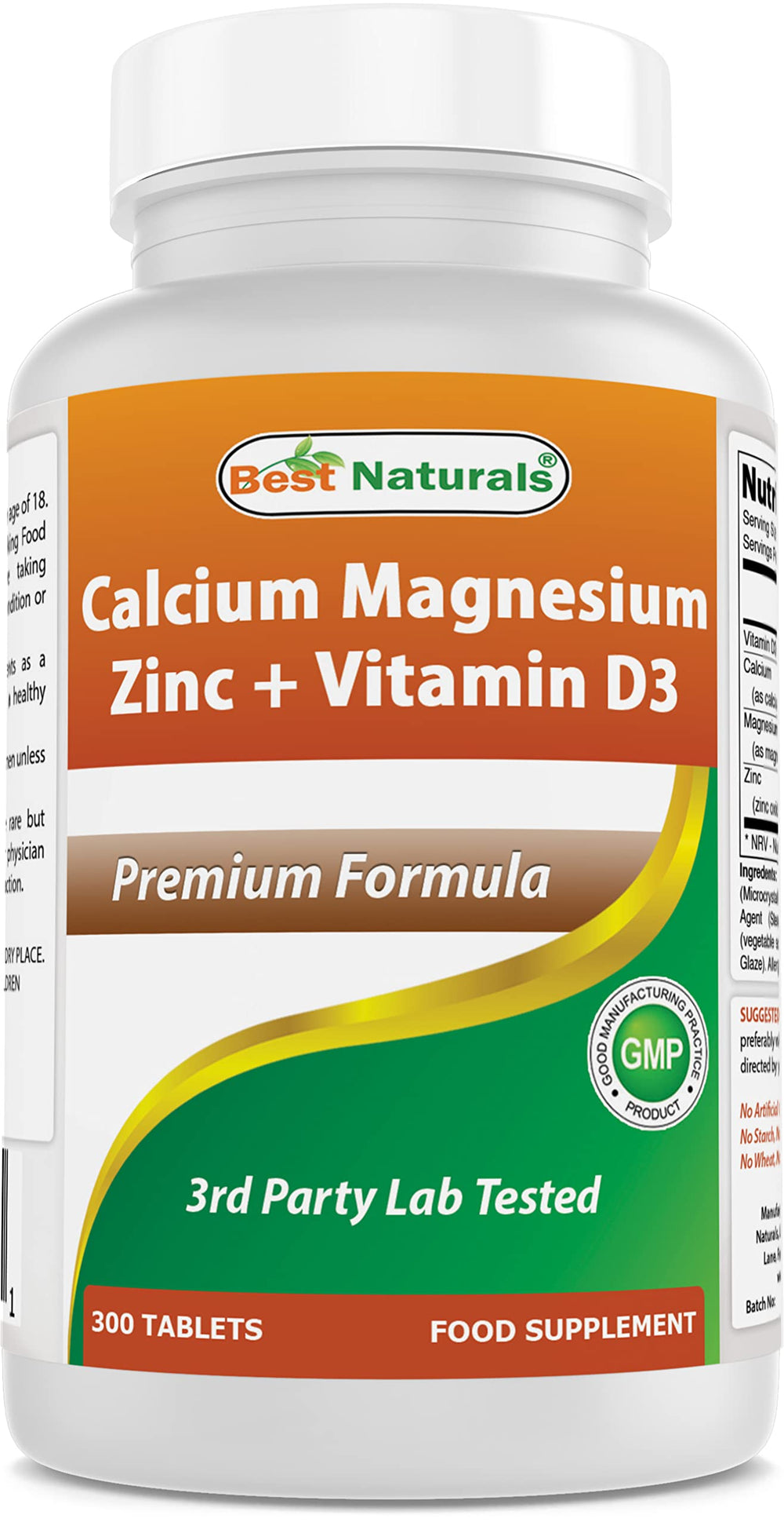 Bottle front view of Best Naturals Calcium Magnesium Zinc with Vitamin D3 - 300 tablets