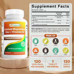 Close-up of serving showing 1000 mg calcium, 400 mg magnesium, 25 mg zinc, and 600 IU D3 per 3 tablets