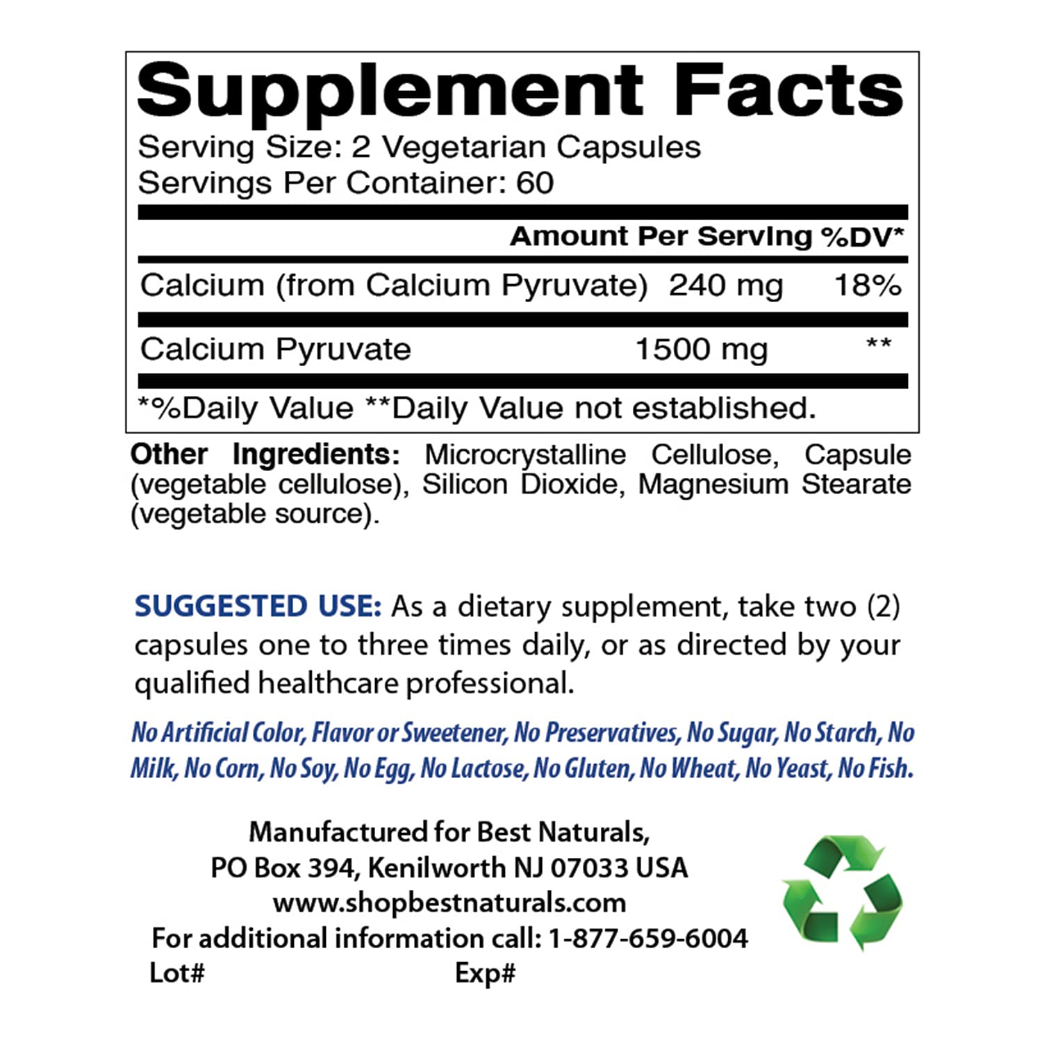 Best Naturals calcium pyruvate 750mg capsules closeup for easy daily supplementation