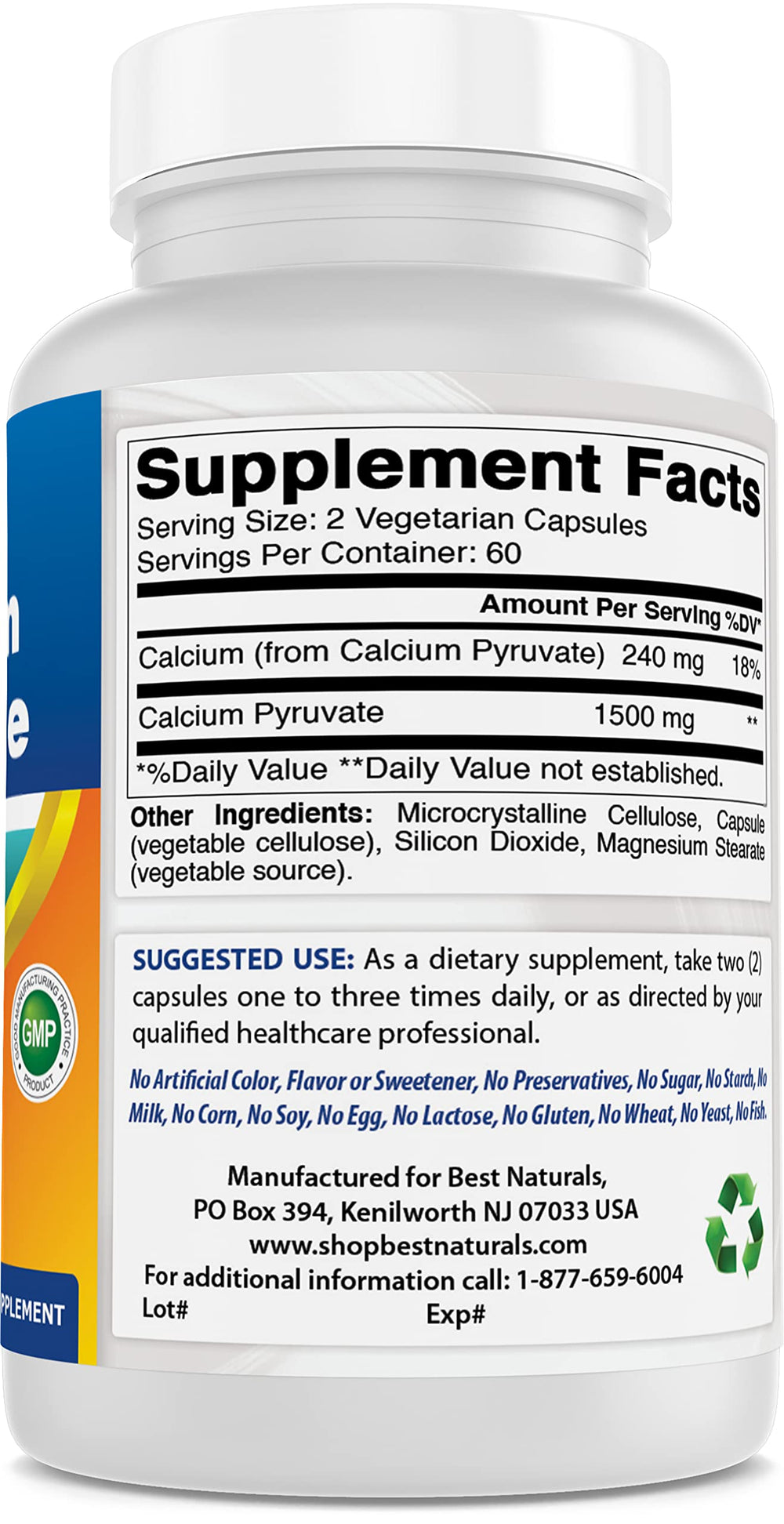 Best Naturals calcium pyruvate 750mg bottle on kitchen counter for convenient daily routine