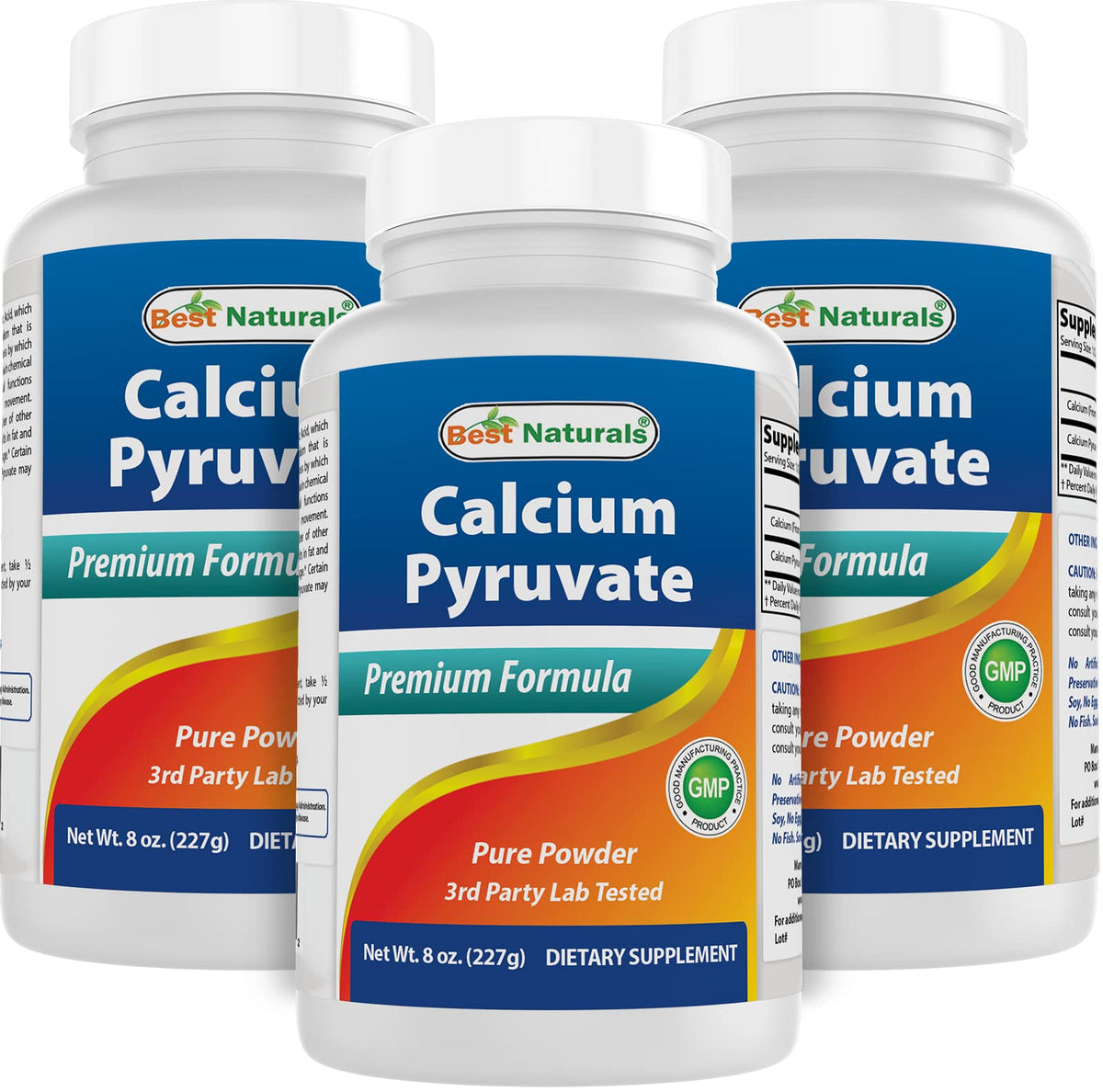 Front of Best Naturals Calcium Pyruvate Powder bottle 8 oz pack of 3