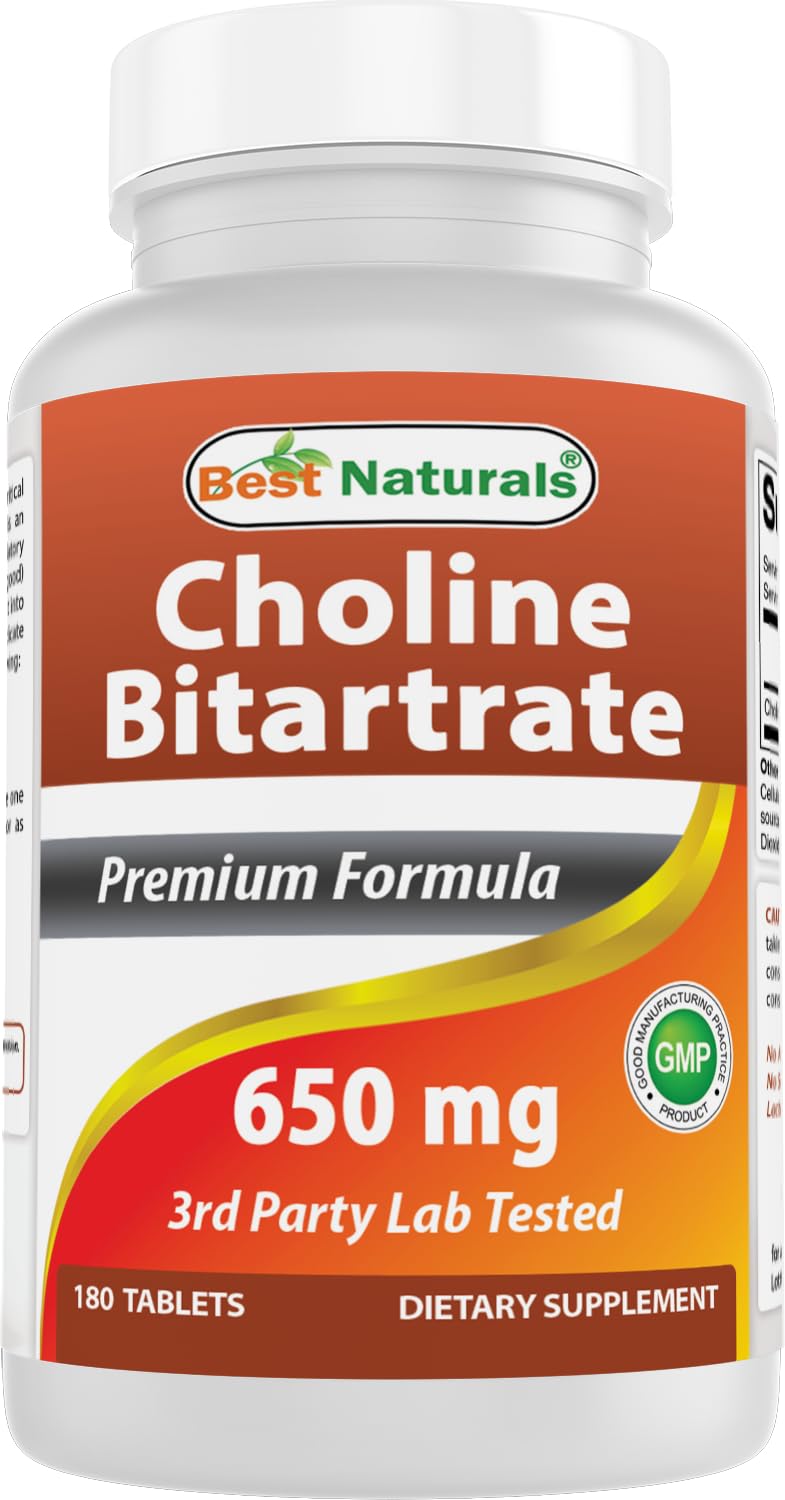 Front view of Best Naturals Choline Bitartrate 650 mg bottle with 180 tablets