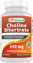 Front view of Best Naturals Choline Bitartrate 650 mg bottle with 180 tablets