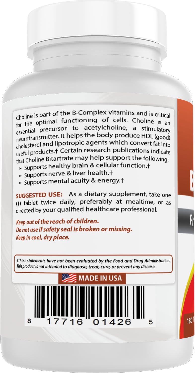 Nutrition facts panel of Best Naturals Choline Bitartrate bottle
