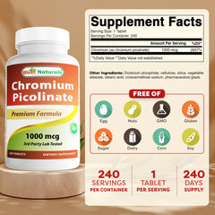 Back label with supplement facts for Best Naturals Chromium Picolinate