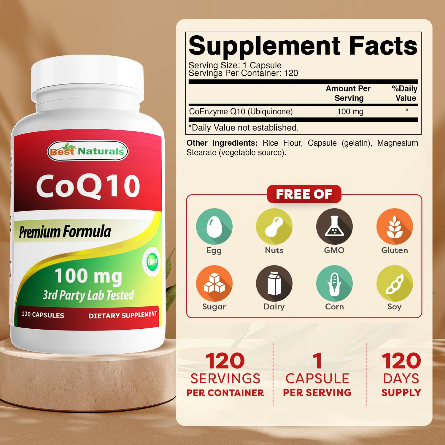 Front view of Best Naturals COQ10 bottle with label