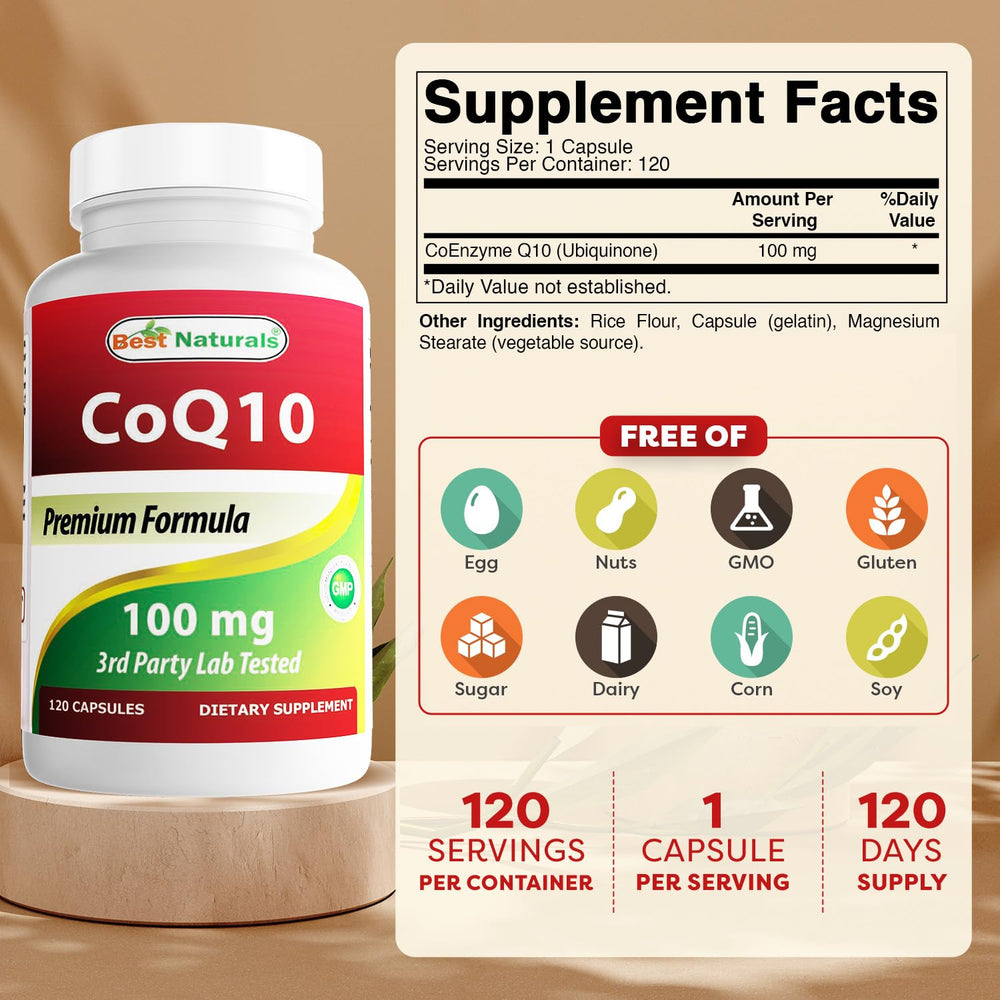 Front view of Best Naturals COQ10 bottle with label